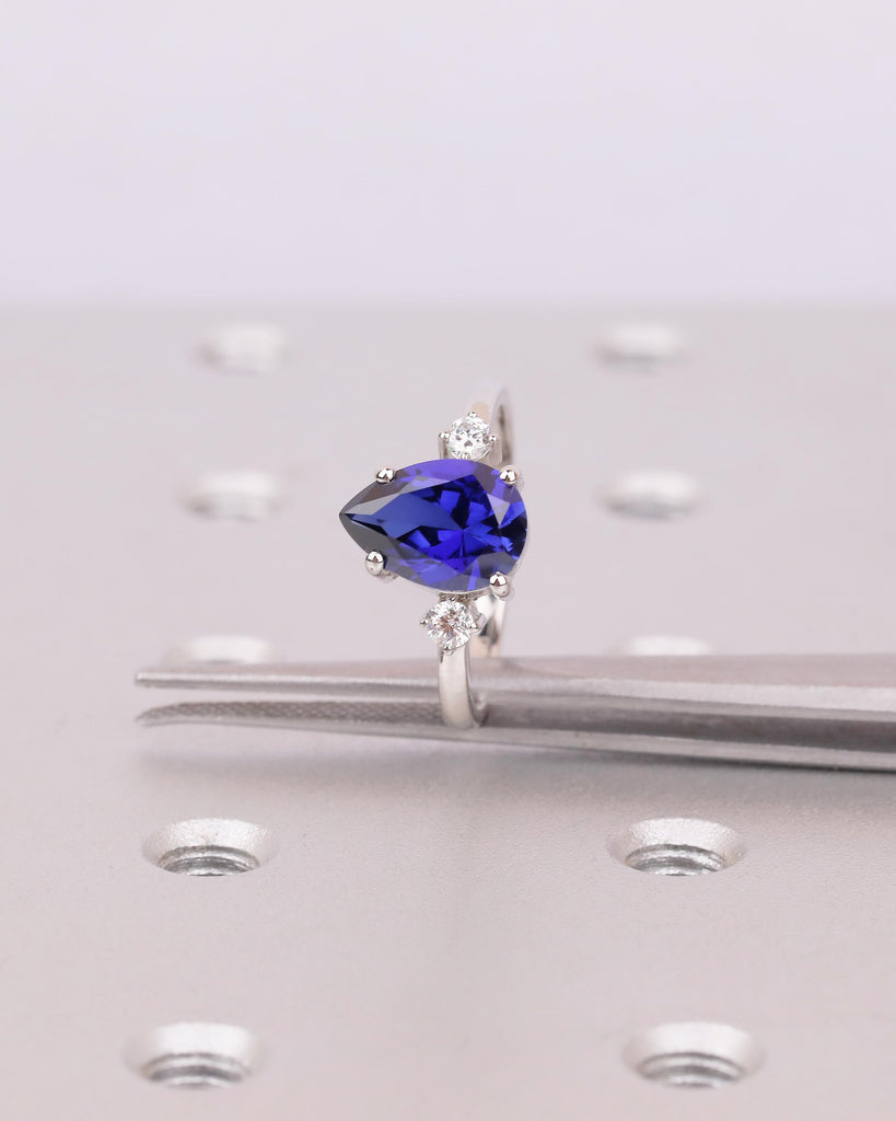 Pear Engagement Ring, Platinum Blue Sapphire Gemstone Ring, Vintage Three Stone Anniversary Rings for Women, September Birthstone Jewelry image #10