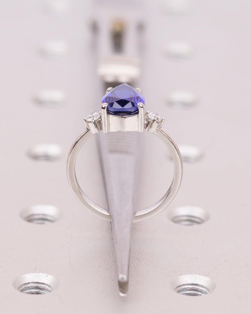 Pear Cut Blue Sapphire Engagement Ring with Diamond Accents, Platinum Three Stone Ring image #6
