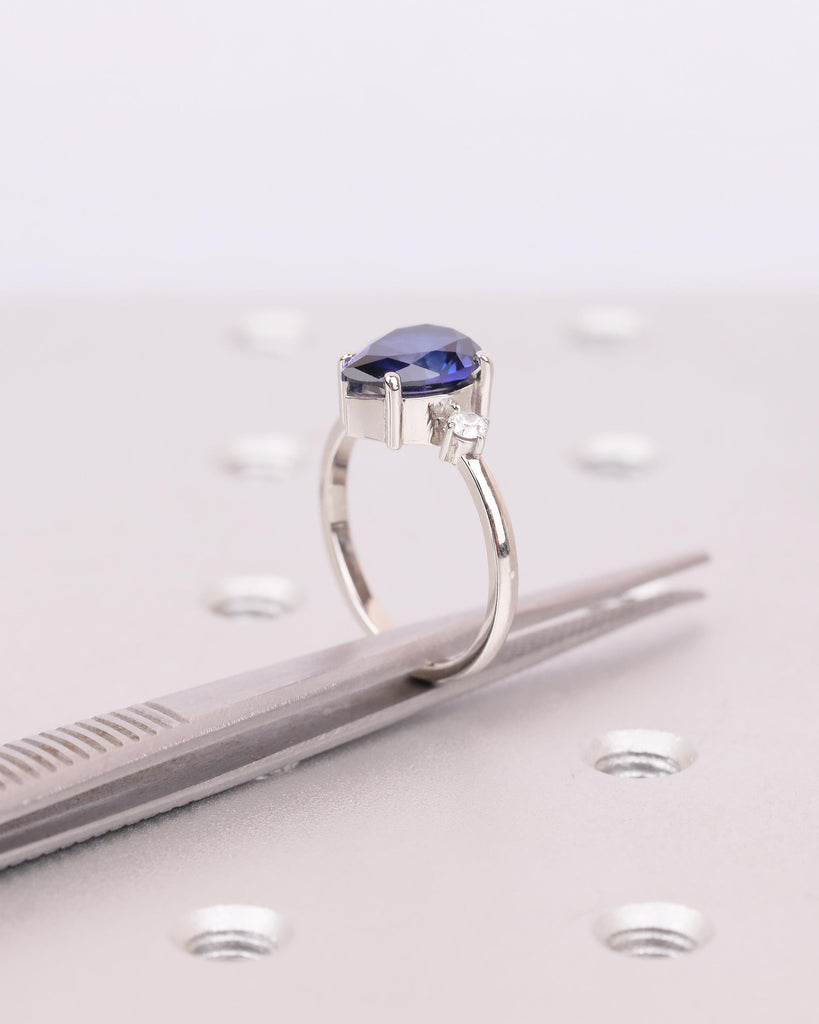Pear Cut Blue Sapphire Engagement Ring with Diamond Accents, Platinum Three Stone Ring image #12