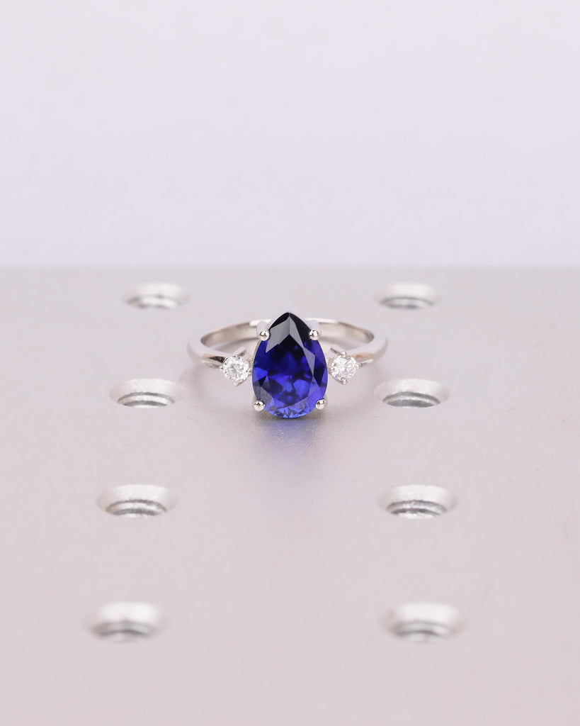 Pear Cut Blue Sapphire Engagement Ring with Diamond Accents, Platinum Three Stone Ring image #2
