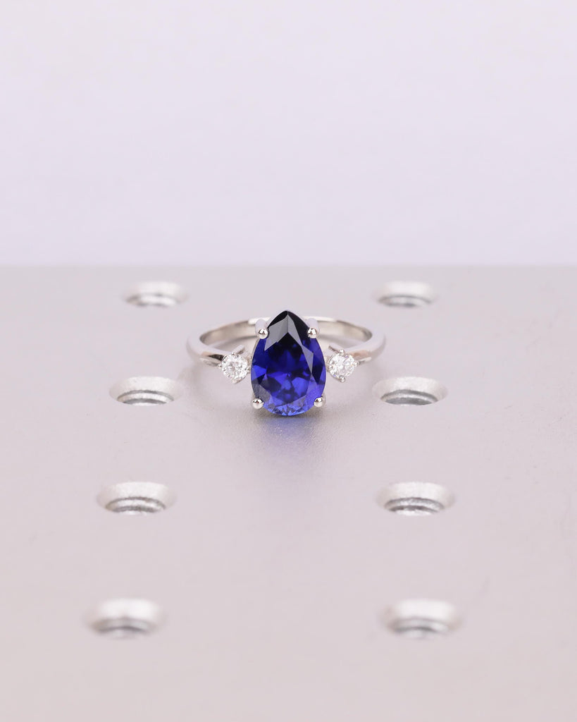 Pear Engagement Ring, Platinum Blue Sapphire Gemstone Ring, Vintage Three Stone Anniversary Rings for Women, September Birthstone Jewelry image #1