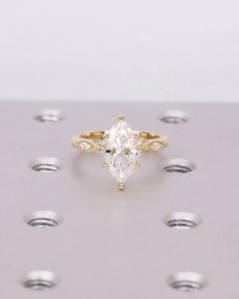 Marquise Engagement Ring, Marquise Moissanite Ring, 14K Gold Vintage Engagement Ring, Engraved Milgrain Wedding Ring, Promise Ring for Her