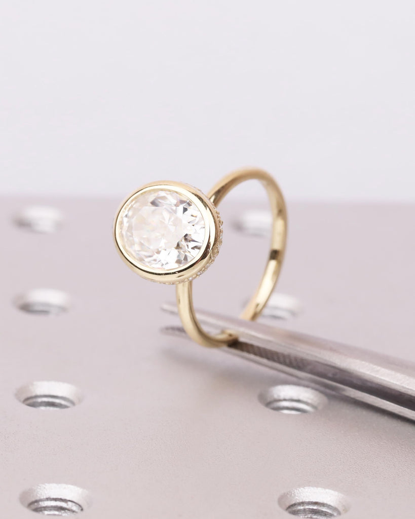 0.5ct to 4ct Crushed Ice Oval Moissanite Engagement Ring, Solitaire Bezel Ring with Hidden Halo, Solid Gold Statement Rings for Women image #1