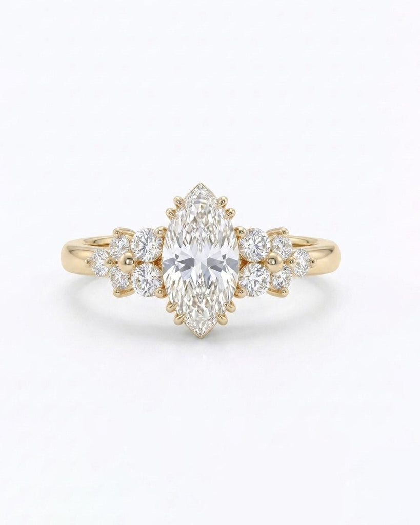 Marquise Cut Lab Grown Diamond Engagement Ring, IGI Certified Floral Nature Inspired Ring, Vintage 14k Yellow Gold Cluster Wedding Rings image #1