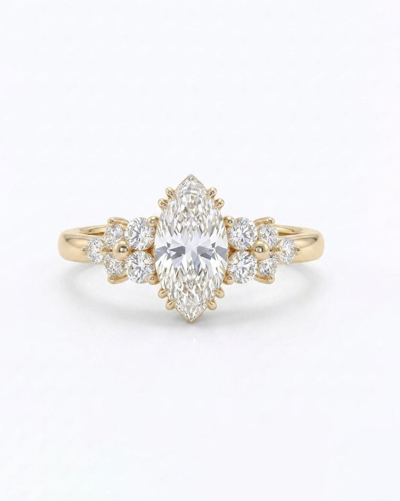 Art Deco Marquise Engagement Ring, Floral 14k Yellow Gold Lab Diamond Cluster Ring image #3