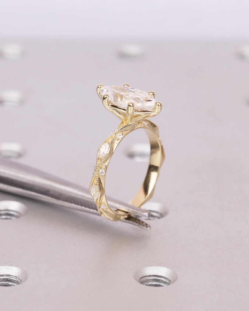 Victorian Marquise Moissanite Engagement Ring, 14K Gold Milgrain Engraved Wedding Ring, Marquise and Round Cluster, Anniversary Gift for Her