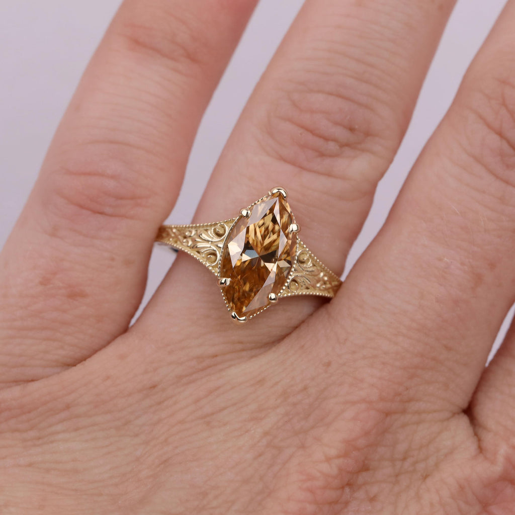 2.5ct Brown Diamond Women Gold Rings | Marquise Lab Created Diamond Vintage Wedding Rings | Unique Anniversary Gift For Her