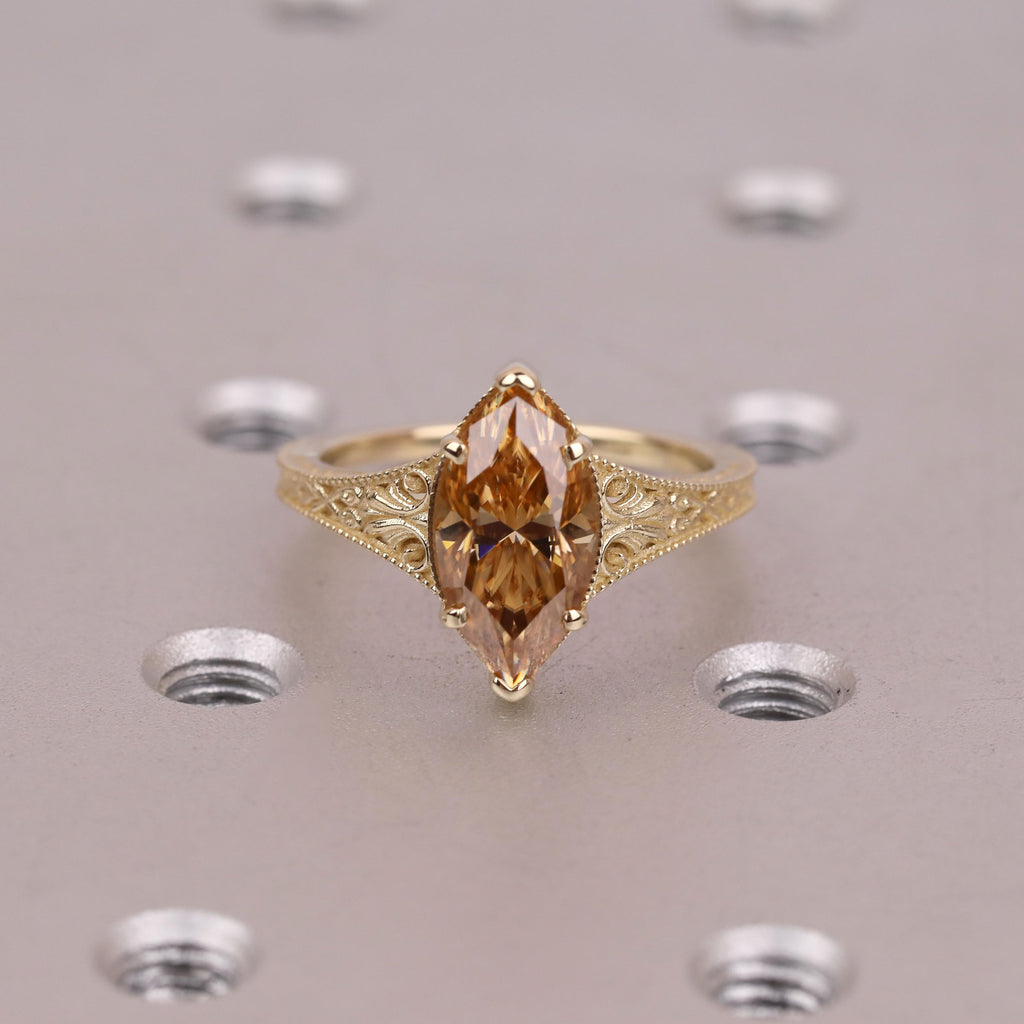 2.5ct Brown Diamond Women Gold Rings | Marquise Lab Created Diamond Vintage Wedding Rings | Unique Anniversary Gift For Her image #9
