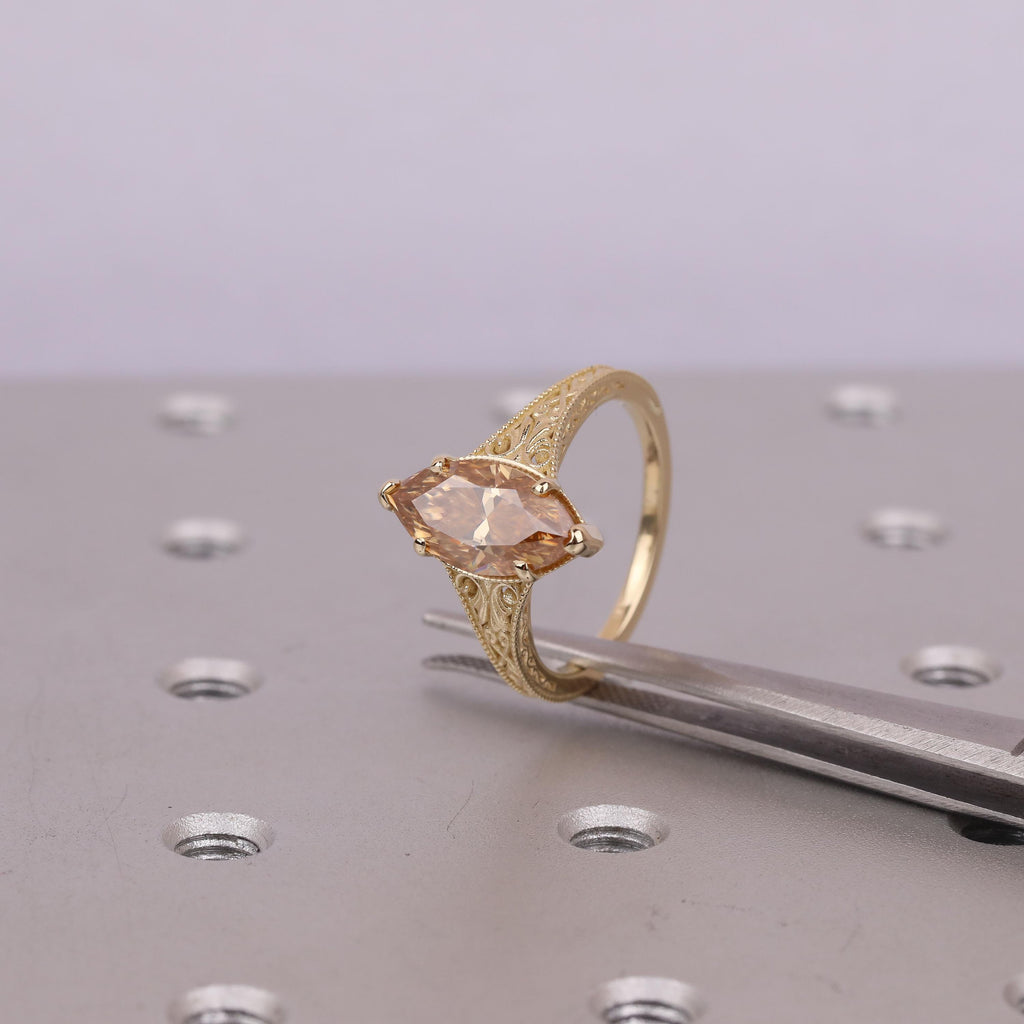2.5ct Brown Diamond Women Gold Rings | Marquise Lab Created Diamond Vintage Wedding Rings | Unique Anniversary Gift For Her image #7