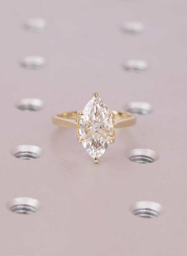 Marquise Diamond Ring, Hidden Halo Engagement Ring, 14K Yellow Gold Solitaire, Vintage Style Lab Diamond Ring, Unique Bridal Jewelry image #7