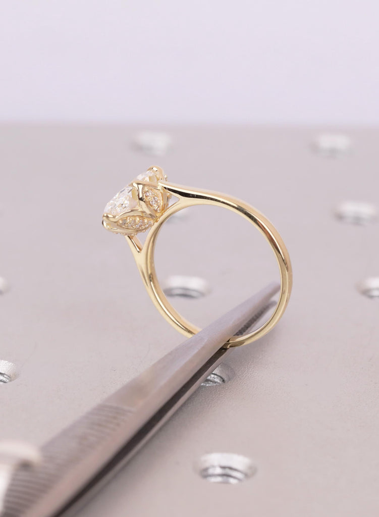 Marquise Diamond Ring, Hidden Halo Engagement Ring, 14K Yellow Gold Solitaire, Vintage Style Lab Diamond Ring, Unique Bridal Jewelry image #12