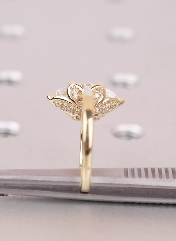 Marquise Diamond Ring, Hidden Halo Engagement Ring, 14K Yellow Gold Solitaire, Vintage Style Lab Diamond Ring, Unique Bridal Jewelry image #2