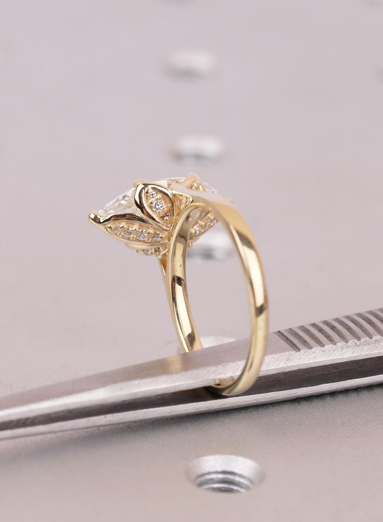 Marquise Diamond Ring, Hidden Halo Engagement Ring, 14K Yellow Gold Solitaire, Vintage Style Lab Diamond Ring, Unique Bridal Jewelry image #4