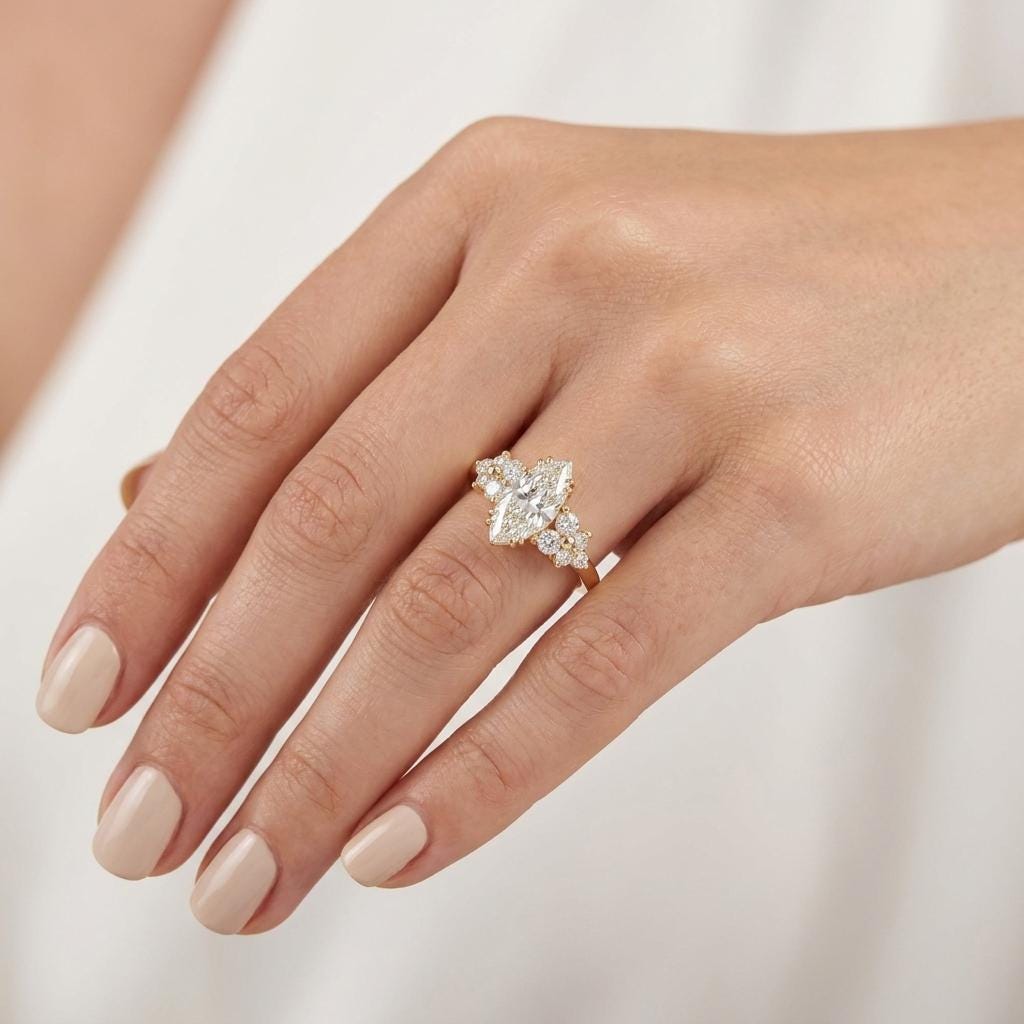 Art Deco Marquise Engagement Ring, Floral 14k Yellow Gold Lab Diamond Cluster Ring image #1