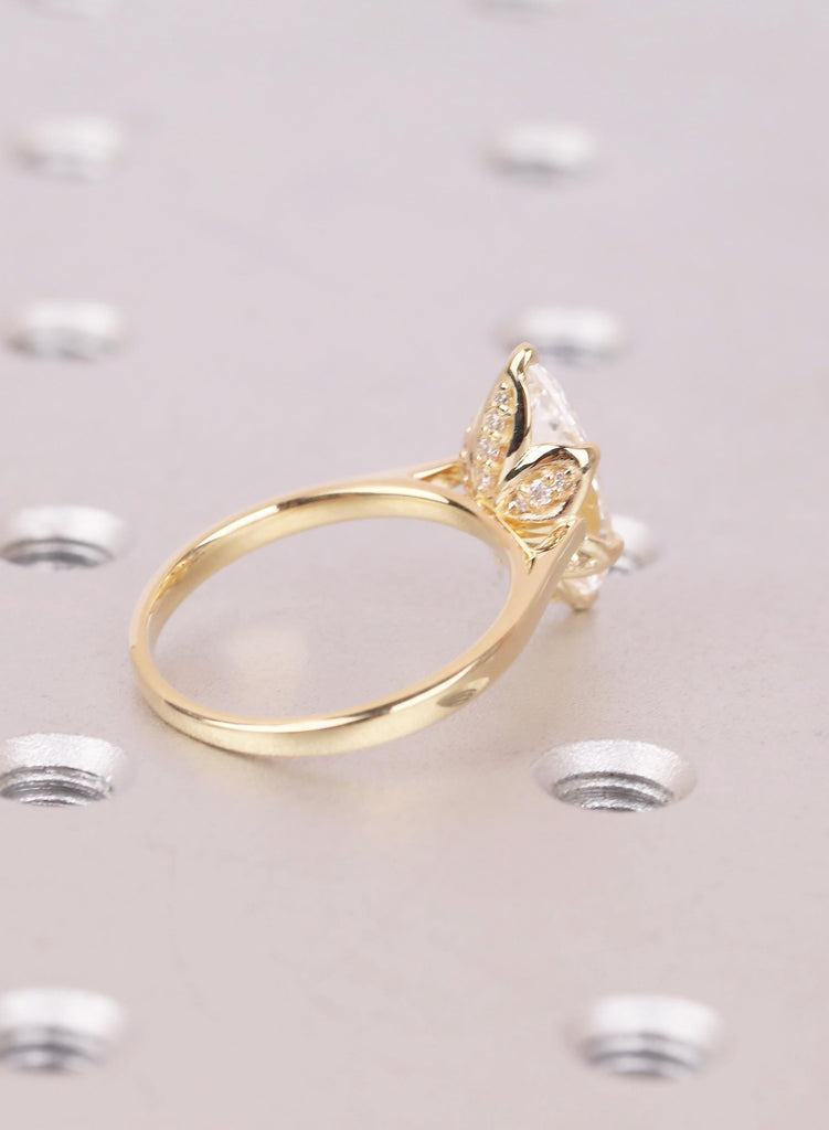 Hidden Halo Marquise Ring, Leaf Prong Diamond Engagement Ring, Vintage Style 14k Yellow Gold Solitaire, Unique Cathedral Setting image #7