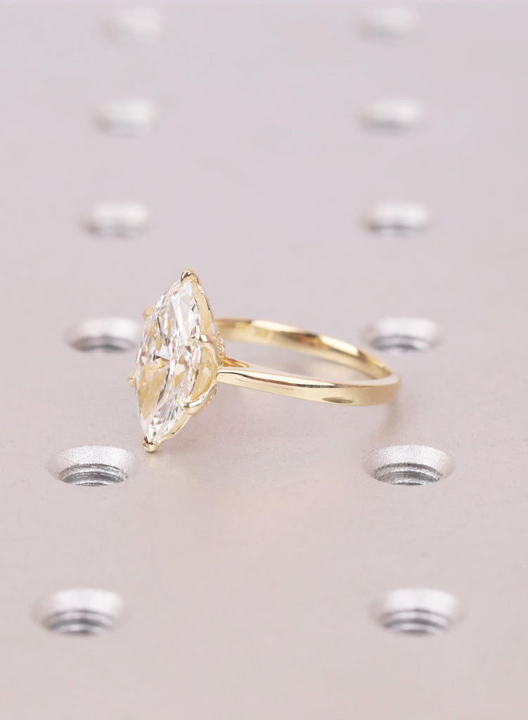 Hidden Halo Marquise Ring, Leaf Prong Diamond Engagement Ring, Vintage Style 14k Yellow Gold Solitaire, Unique Cathedral Setting image #10