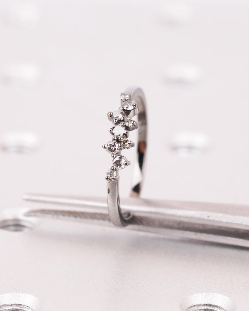 Natural Salt and Pepper Diamond Ring, 9 Stone Cluster Stacking Ring, Dainty 14K Black Gold Engagement Ring, Art Deco Women's Wedding Band image #7