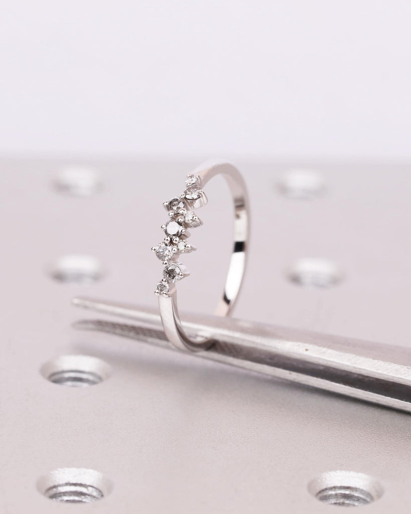 Natural Salt and Pepper Diamond Ring | 9 Stone Cluster Stacking Ring | Dainty 14K White Gold Engagement Ring | Art Deco Women's Wedding Band image #6