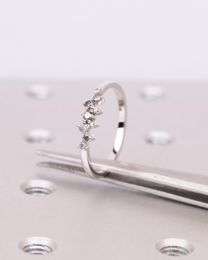 Salt and Pepper Diamond Cluster Ring in 14k White Gold, Diamond Wedding Band, Multistone Diamond Ring, Stackable Ring, Unique Wedding Band image #6