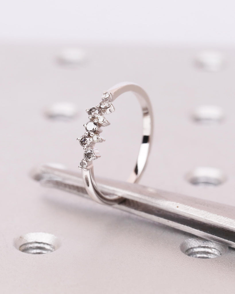 Natural Salt and Pepper Diamond Ring | 9 Stone Cluster Stacking Ring | Dainty 14K White Gold Engagement Ring | Art Deco Women's Wedding Band image #7