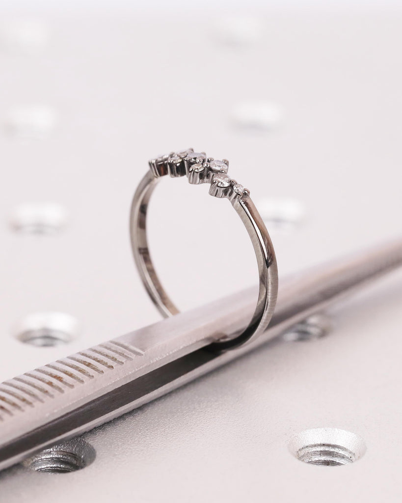 Natural Salt and Pepper Diamond Ring, 9 Stone Cluster Stacking Ring, Dainty 14K Black Gold Engagement Ring, Art Deco Women's Wedding Band image #9