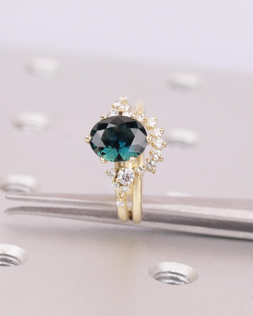 Blue Green Sapphire Ring, Oval Engagement Ring Set in 14k Solid Gold, Birthstone Jewelry image #5
