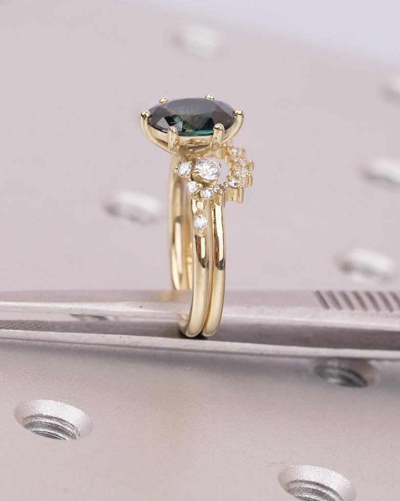 1.5ct Oval Peacock Sapphire Engagement Ring Set in 14k Gold, Moissanite Side Stones image #16