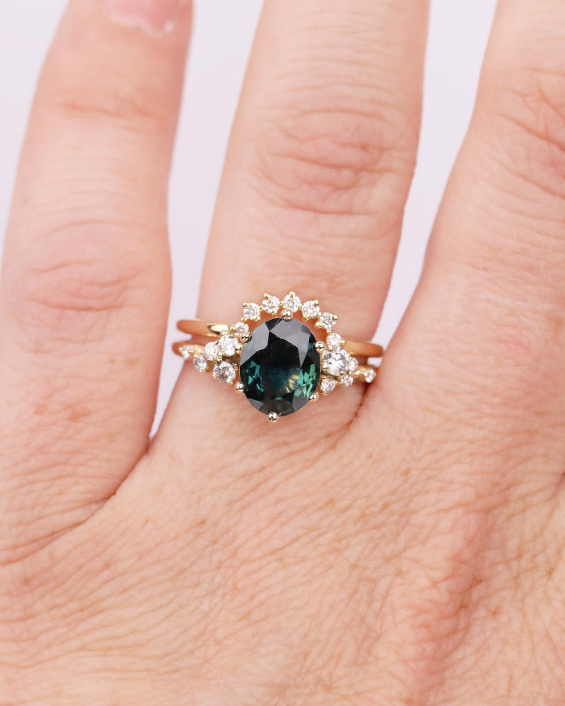 Oval Teal Sapphire Engagement Ring, Diamond Cluster Stackable Rings for Women, Art Deco 14k Yellow Gold Promise Ring Set, Bridal Jewelry image #17