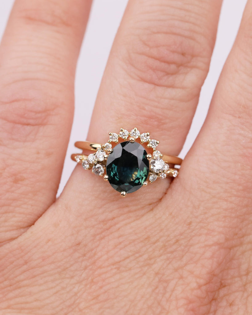 Oval Teal Sapphire Engagement Ring, Diamond Cluster Stackable Rings for Women, Art Deco 14k Yellow Gold Promise Ring Set, Bridal Jewelry image #2