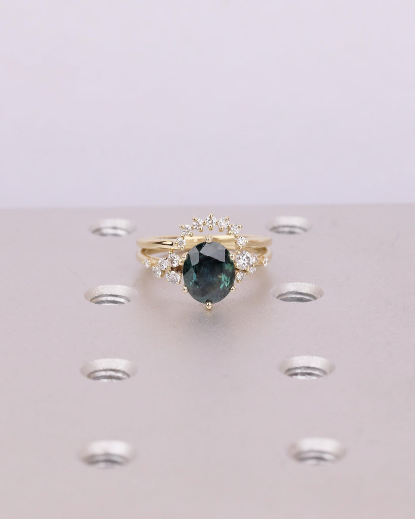 1.5ct Oval Peacock Sapphire Engagement Ring Set in 14k Gold, Moissanite Side Stones image #13