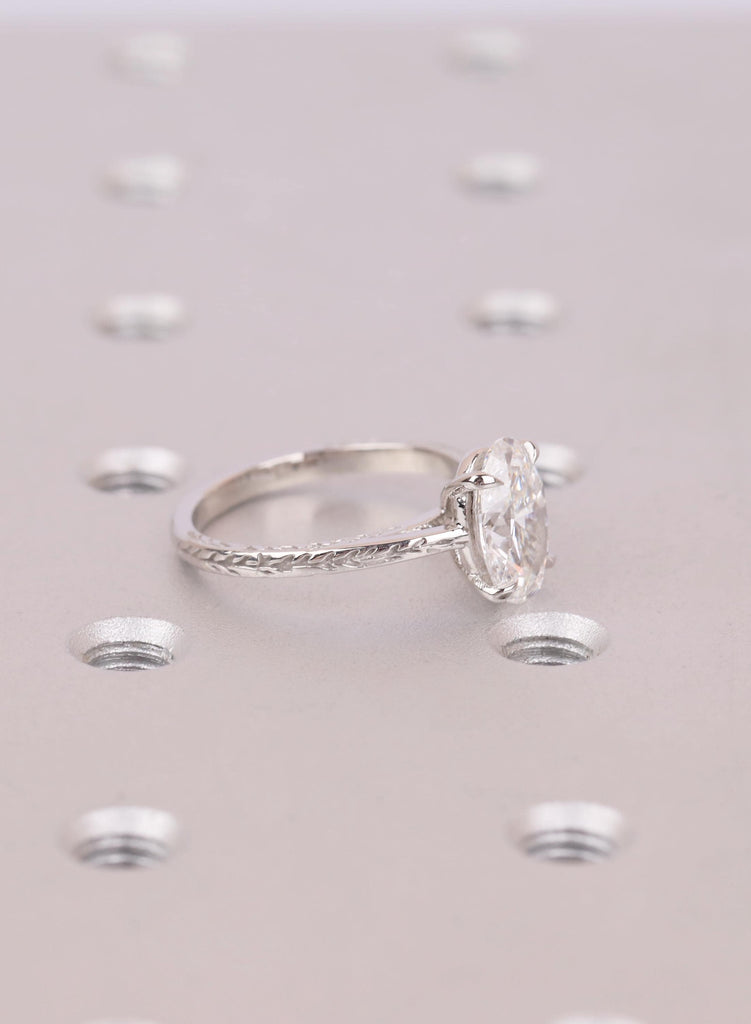 Oval Solitaire Engagement Ring, Nature Inspired Leaf Band, Vintage Style Diamond Ring, Art Deco Engraved Band, 4 Prong Oval Ring image #5