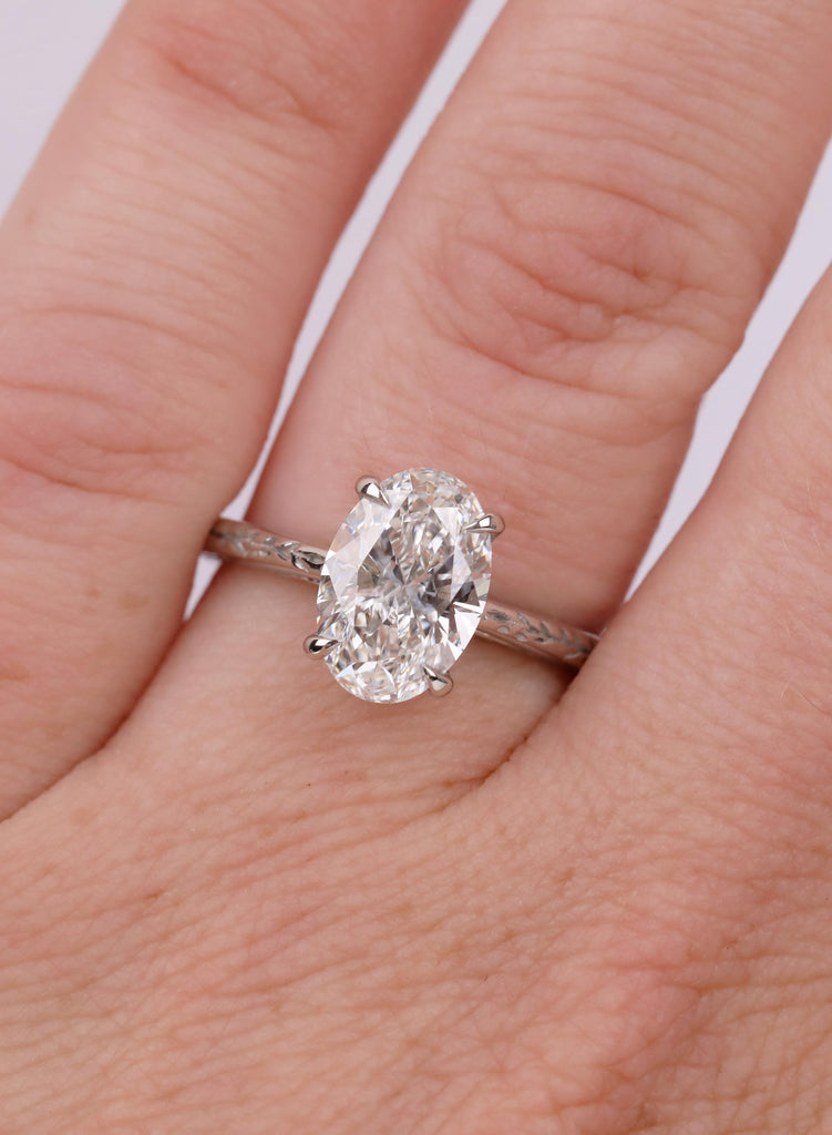 Oval Diamond Engagement Ring | Platinum Nature Inspired Band | Unique Promise Ring for Her | Anniversary Gift image #1