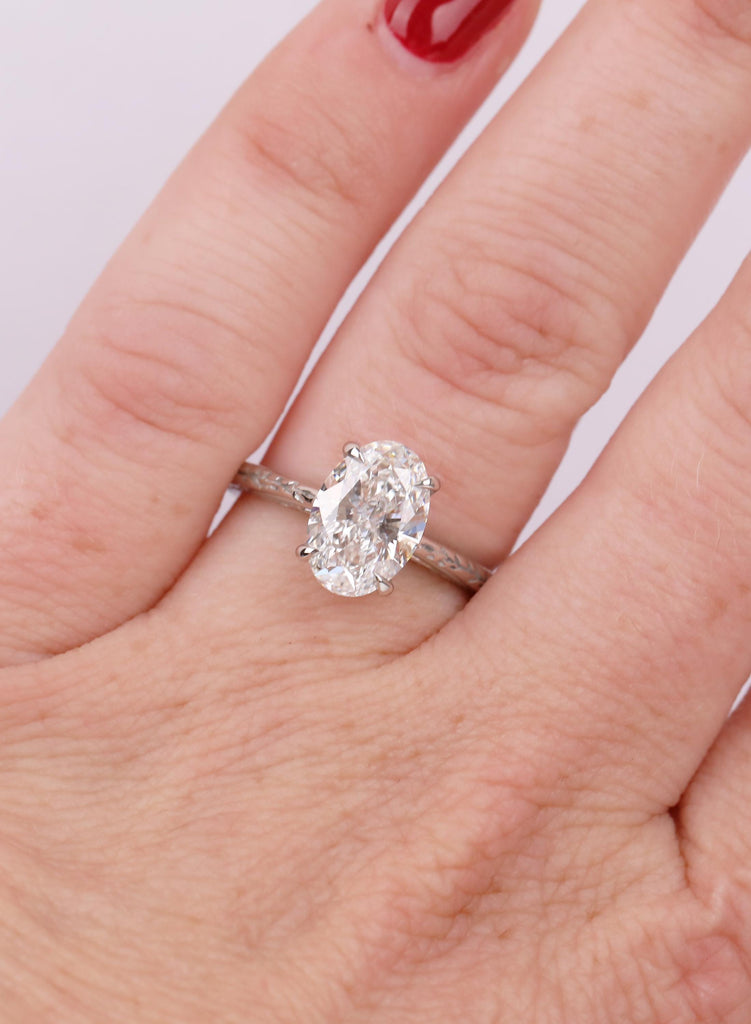 Oval Solitaire Engagement Ring, Nature Inspired Leaf Band, Vintage Style Diamond Ring, Art Deco Engraved Band, 4 Prong Oval Ring image #3