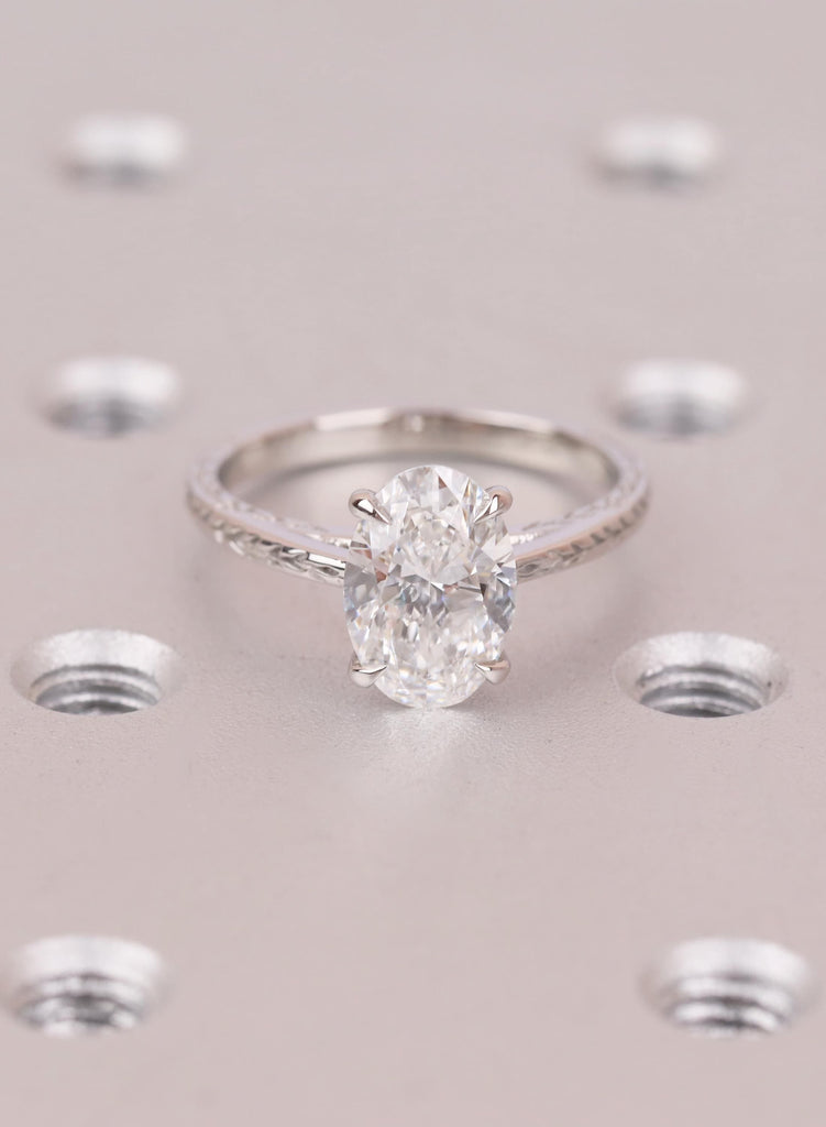 Oval Solitaire Engagement Ring, Nature Inspired Leaf Band, Vintage Style Diamond Ring, Art Deco Engraved Band, 4 Prong Oval Ring image #1