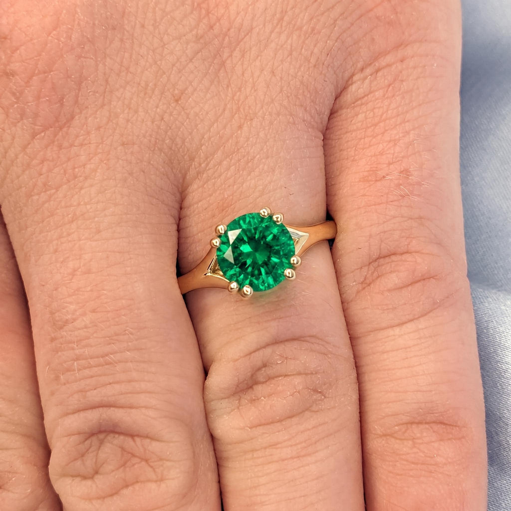 Green Emerald Engagement Ring | Round Solitaire 18k Yellow Gold Rings for Women | May Birthstone Wedding Anniversary Gift image #8