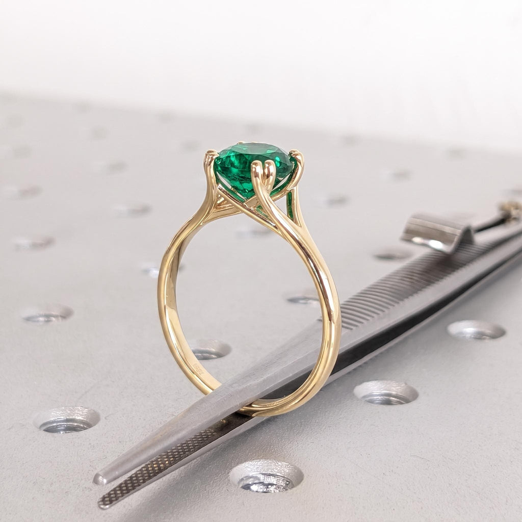 Green Emerald Engagement Ring | Round Solitaire 18k Yellow Gold Rings for Women | May Birthstone Wedding Anniversary Gift image #1