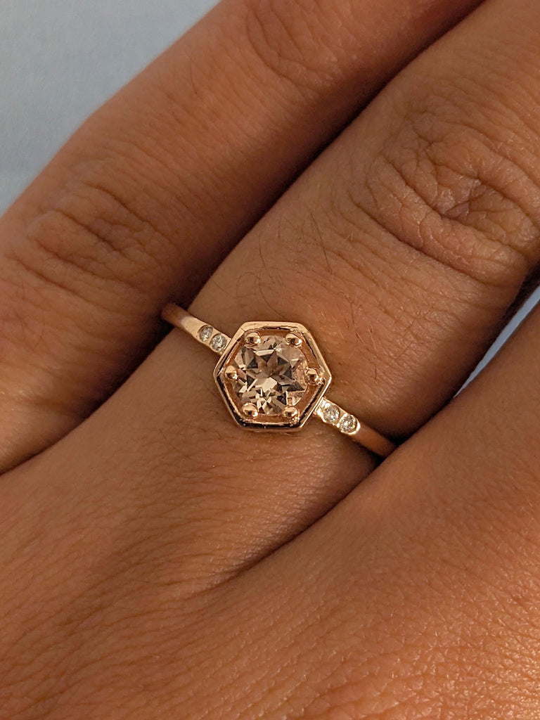 Pink Morganite October Birthstone Ring Gift for Her | Solid Gold Promise Ring | Octagon Bezel Prong set Ring image #1
