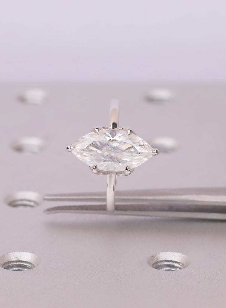 Lab Grown Diamond Ring in 14K White Gold, Solitaire Marquise Engagement Ring, Tulip Basket Setting, Personalized Nature Inspired Ring image #10