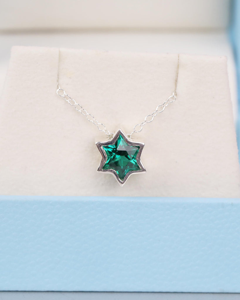 Jewish Star Necklace Pendant, 925 Sterling Silver Bezel Set Lab Emerald Necklace, Magen David Everyday Necklace, Unique Judaica Jewelry image #4