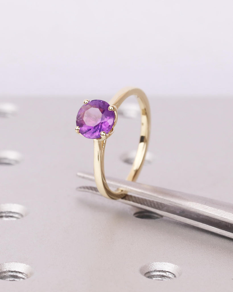 Natural Amethyst Tulip Ring, 14K Gold Solitaire Engagement Ring, 5mm/6.5mm/8mm Round Amethyst, Cathedral Setting, Floral Lotus Petal Prongs image #8