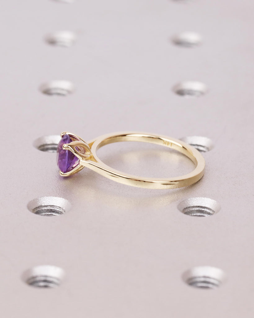 Natural Amethyst Tulip Ring, 14K Gold Solitaire Engagement Ring, 5mm/6.5mm/8mm Round Amethyst, Cathedral Setting, Floral Lotus Petal Prongs image #6