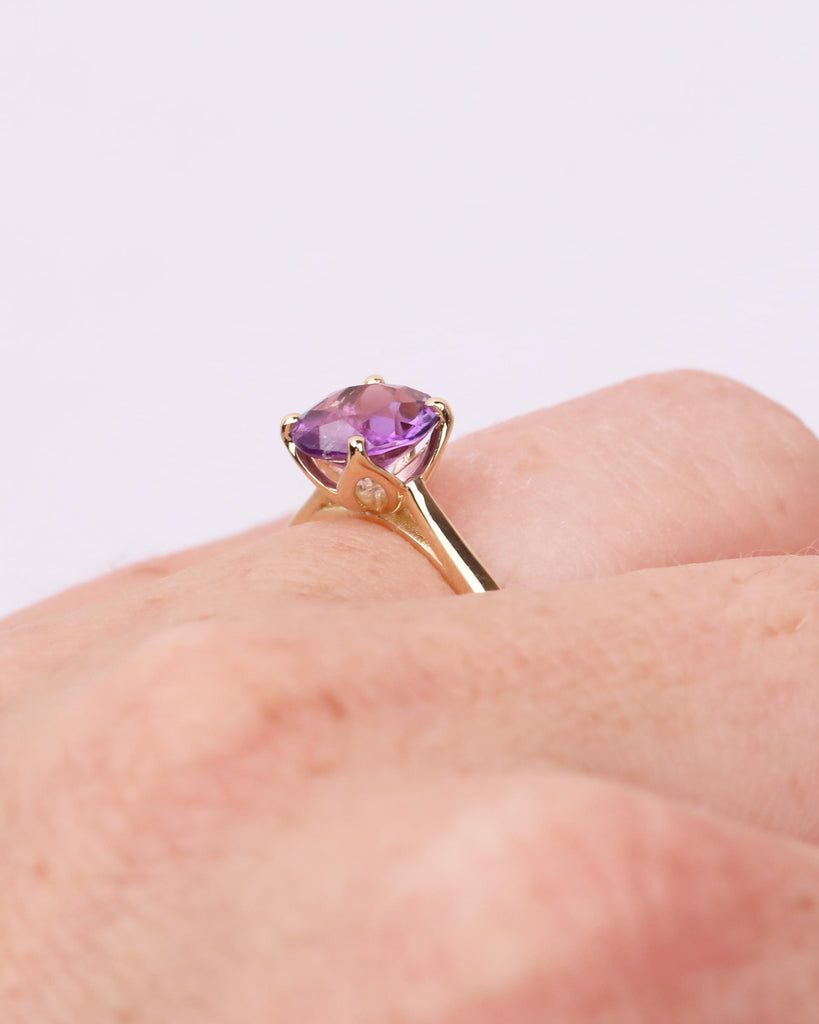 Natural Amethyst Tulip Ring, 14K Gold Solitaire Engagement Ring, 5mm/6.5mm/8mm Round Amethyst, Cathedral Setting, Floral Lotus Petal Prongs image #10