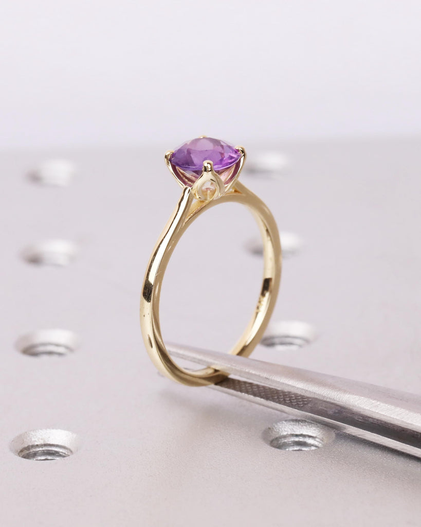 Natural Amethyst Tulip Ring, 14K Gold Solitaire Engagement Ring, 5mm/6.5mm/8mm Round Amethyst, Cathedral Setting, Floral Lotus Petal Prongs image #9