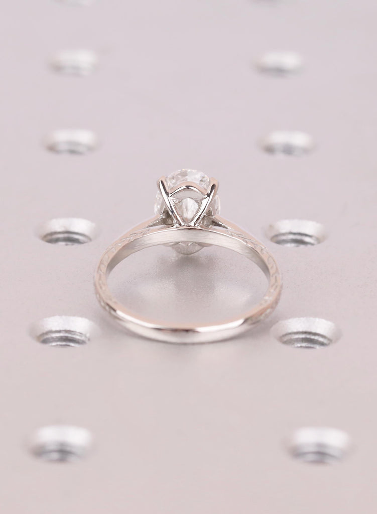 Nature Inspired Leaf Engraved Ring, Oval Solitaire Lab Diamond Engagement Ring, Art Deco Olive Leaf Ring Gift For Her, Platinum or Gold Band image #6