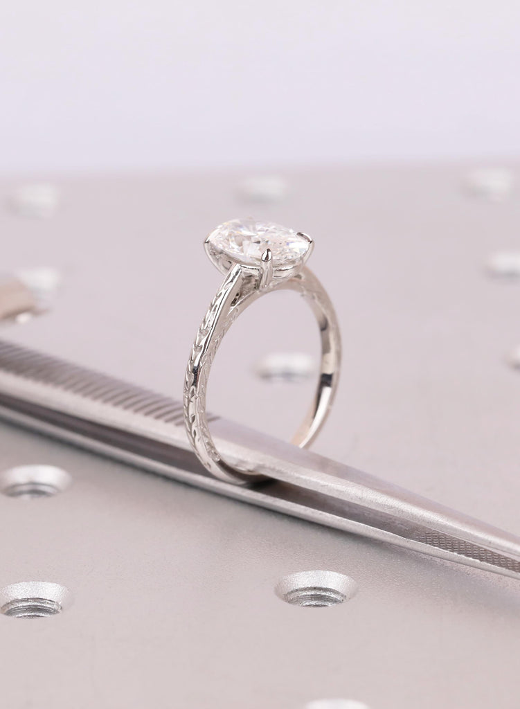 Nature Inspired Leaf Engraved Ring, Oval Solitaire Lab Diamond Engagement Ring, Art Deco Olive Leaf Ring Gift For Her, Platinum or Gold Band image #10