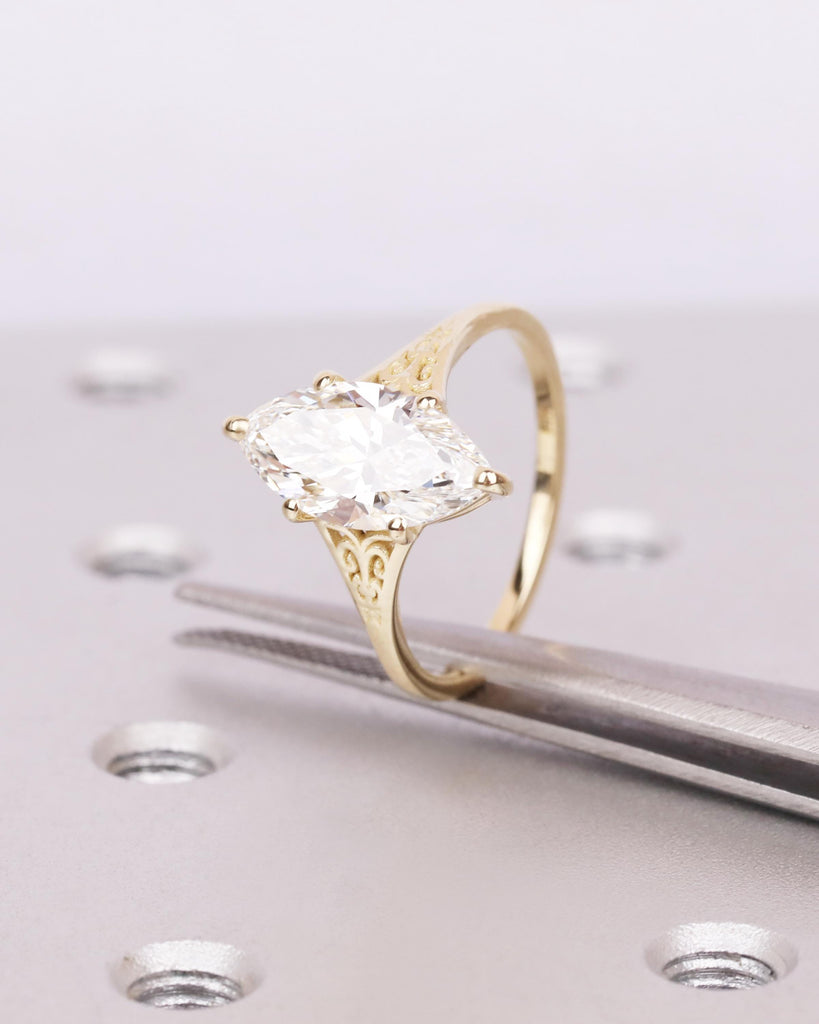 Gold Heirloom Lab Diamond Engagement Ring, Marquise Cut Victorian Filigree Band, Antique Proposal Ring, Women's Vintage Engagement Ring image #5