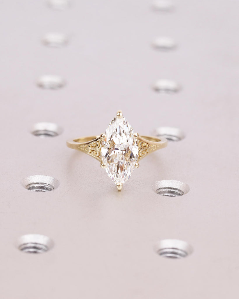 Victorian Style Marquise Cut Moissanite Ring, Antique Filigree Engraved Band, 14K Yellow Gold Heirloom Engagement Ring, Unique Marquise Ring image #3