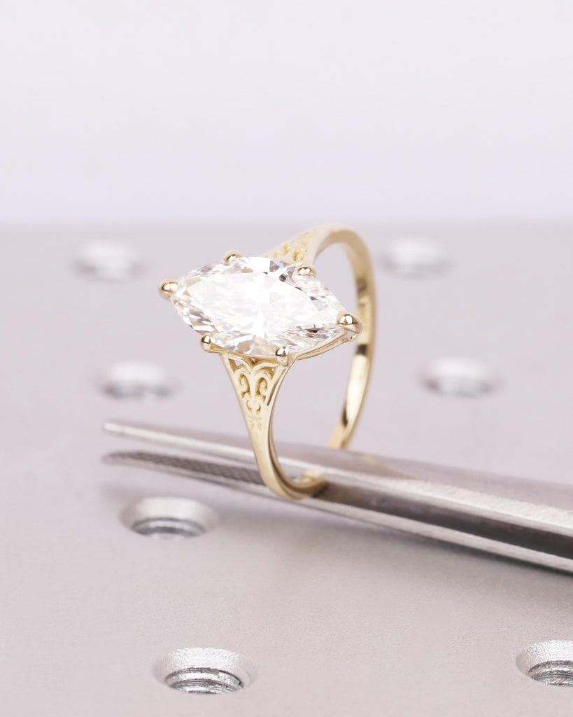 Marquise Moissanite Vintage Engagement Ring, Solid Gold Engraved Floral Filigree Band Ring, Antique Promise Ring image #3