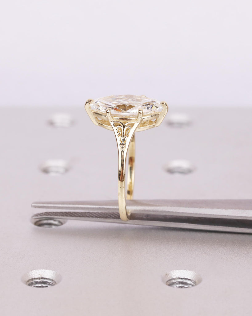 Victorian Style Marquise Cut Moissanite Ring, Antique Filigree Engraved Band, 14K Yellow Gold Heirloom Engagement Ring, Unique Marquise Ring image #9