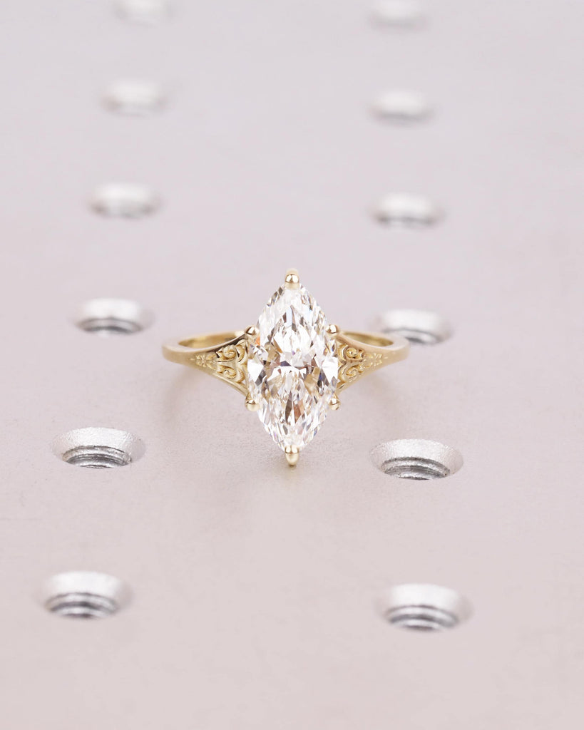 2.5ct Gold Heirloom Marquise Lab Diamond Engagement Ring | Victorian Filigree Band | Antique Proposal Ring | Women's Vintage Engagement Ring image #2